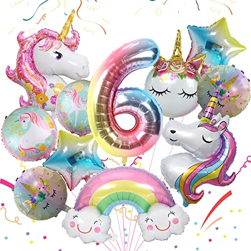 Luftballon Einhorn für Mädchen 6. Geburtstag Dekoration Folie Runde Einhorn Luftballon Regenbogen Sterne und Zahl 6 Folienballon für Geburtstagsdeko Mädchen 6 Jahr Einhorn Thema Partydekorationen
