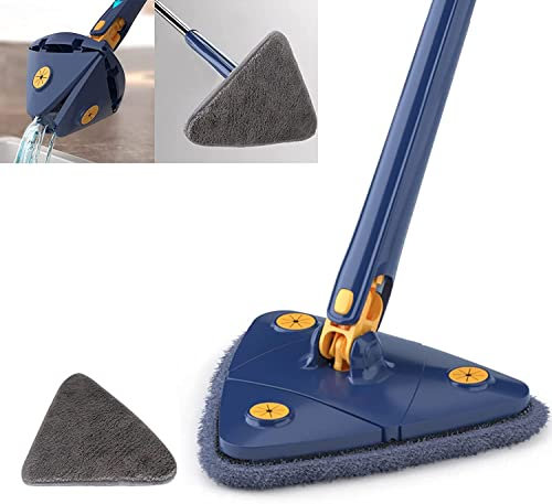 Earnmore 360 Grad Dreieckiger Reinigungsmopp, Dreieckiger Teleskop-Mopp Drehbarer Verstellbarer Wischmopp, Multifunktionaler Push-Pull-Automatischer Quetschmopp (blau + 1 Pads)
