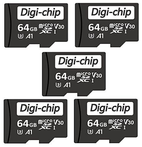 Memory Card Multi Pack 64GB Micro SD Memory Card x 5 Class 10 UHS-1 U3 Micro SDXC 5 Pack Multi Digi-Chip High Speed 90mb/s V30 UHD A1 App 4K Memory Card