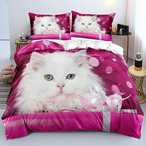 DXHOME Chinchilla Bettwäsche 135x200 4teilig Katzenmotiv 3D Bettwäsche Weiß Rosa Flauschige Mikrofaser Wendebettwäsche für Kinder Mädchen Jungen mit Reißverschluss und 2 Kissenbezüge 80x80 cm