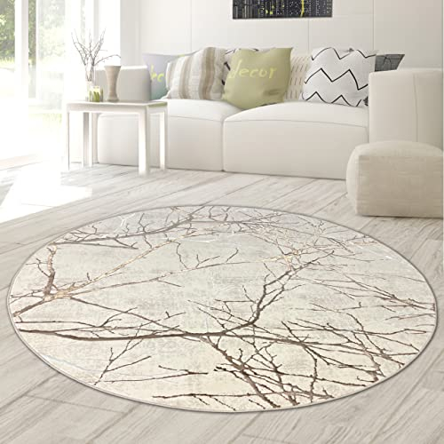 Designer Teppich Flur & Schlafzimmer abstraktes glänzendes Ästemuster Creme, Größe 200 cm rund