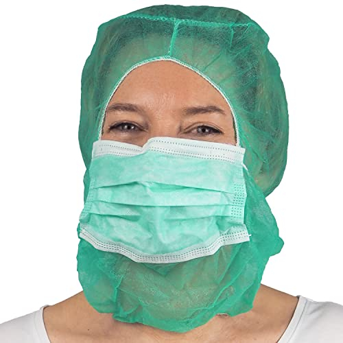 ARNOMED Astro Haube mit 2-lagigem Mundschutz 100 Stk, Haarnetz aus PP-Vlies mit angenähter Maske in Grün, Kopfhaube mit Gummizug und Face Mask, Krankenschwester & Pflege Zubehör, Kopfschutz Küche