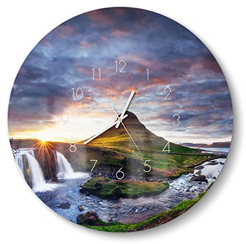 DEQORI Glasuhr | rund Ø 50 cm | Motiv Kirchberg Panorama | große XXL Design Uhr aus Glas | leise Wanduhr für Wohnzimmer & Küche | Moderne Hingucker Uhr für die Wand