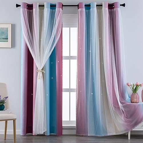 indistar Verdunkelungsvorhänge mit bunten Streifen und Sternen für Schlafzimmer, 2-lagiger Mix aus Stoff und Tüll, hübscher Fenstervorhang für Kinderzimmer, 1 Panel (B 52 x L 95 cm, lila/blau)