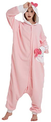 Hydrobreak Schlafanzug für Erwachsene Unisex Einteiler Pyjama Tierkostüm Halloween Christmas Cosplay Onesie Hello Kitty Rosa L