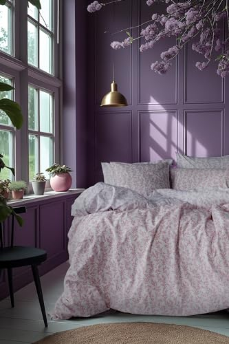 LERUUM Eté Parure de Lit 200x200 Coton Percale Rose Lilas Housse de Couette Réversible Motif Feuilles Fleurie + 2 Taies 65x65 Linge de Lit 2 Personnes