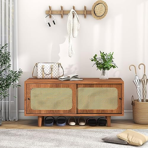 Merax Schuhschrank mit 2 Türen und verstellbare Ablage, Schuhregal Schuhkommode, für Flur, Diele, Wohnzimmer, Schlafzimmer, Holzmöbel, Rattan-Schranktür, Landhausstil, 104 x 40 x 48 cm, Nussbaum