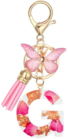 MWOOT Letter Keychains Initiale Lettre Porte Clef Lettre G,Alphabet Initial Keyring avec Papillon Pendentif,Rose Pétales Feuille D'or Key Ring pour Femmes Filles Portefeuilles Sac à Main Charme(G)