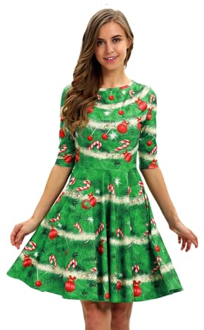 Weihnachtsbaum-Kostüme für Damen, 3D-Druck, lässig, ausgestelltes Kleid, mittelärmeliger A-Linien-Rock mit hoher Taille(Green,XL)