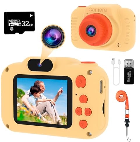GlobalCrown Appareil Photo Enfant,Mini Caméra Numérique Rechargeable Caméscope Antichoc Photo vidéo pour Filles Garçons de 3 à 9 Ans,12M Vidéo HD 1080p pour Jeu en Plein air (32G Carte Incluse)