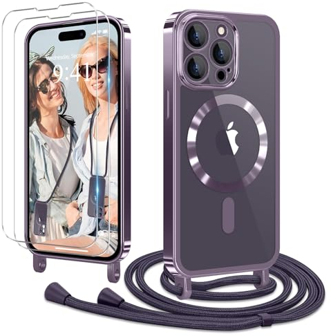 Ethanger Handyband für iPhone 14 Pro Hülle mit Band + 2 Stück Glas Schutzfolie Transparent Silikon Handyhülle Magnetische Schutzhülle für iPhone 14 Pro Lila