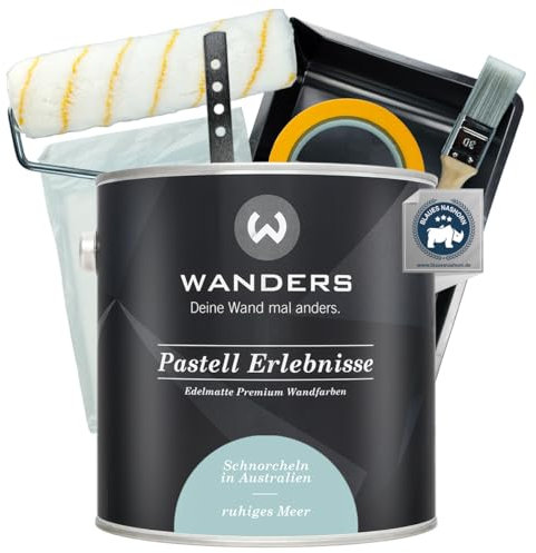 Wanders Pastell Erlebnisse Wandfarbe 2,5L (ruhiges Meer, Blau) inkl. Streichset Basic – Premium Kreidefarbe, Leichte Anwendung, Hochdeckend, Ultramatt, Perfekt für Heim-DIY