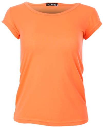 Easy Young Fashion - Maglietta basic da donna con scollo rotondo, a maniche corte, Skinny Fit 1001, arancione fluo, M