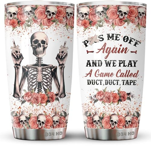 34HD Roses Skull Tumbler with Lid, 20 Oz Stainless Steel Vacuum Insulated Skeleton Coffee Cup, Sugar Skull Mug, Skeleton Gifts for Women Birthday Mothers Day Halloween Christmas