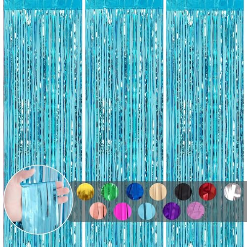 3pcs Tinsel Glitter Foil Door Curtain, 3.2ftx6.5ft Foil Fringe Streamers Shimmer Tassel Backdrop Decorations for Boys Birthday Frozen Party