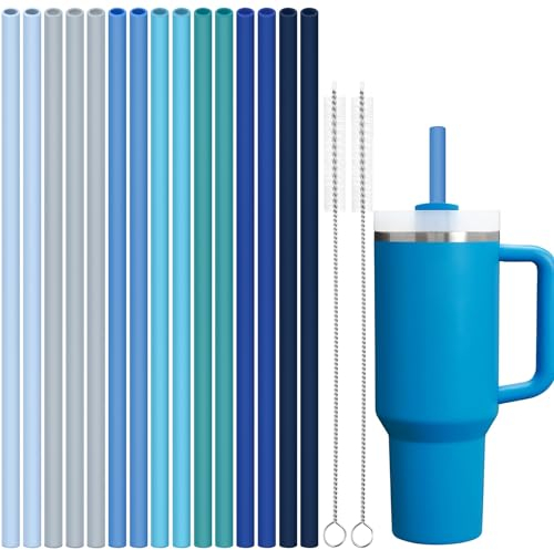 Tomorotec Paquete de 15 pajitas de silicona reutilizables de 12 pulgadas para vasos Stanley de 20, 30, 40 onzas con 2 cepillos de limpieza, pajitas flexibles de grado alimenticio sin BPA para uso