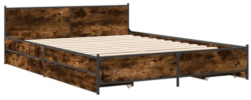 vidaXL Bettgestell, Bett mit Schubladen, Bettrahmen mit Metallbeine Sperrholzlatten, Doppelbett für Schlafzimmer, Schubladenbett, Räuchereiche 135x190cm Holzwerkstoff