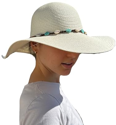 Sombrero Blanco Mujer De Paja Protección Solar Panama Pamela Playa Verano Esparto Gorra para Sol Visera Enrollable con Lazo cde Conchas Azul y Blanco
