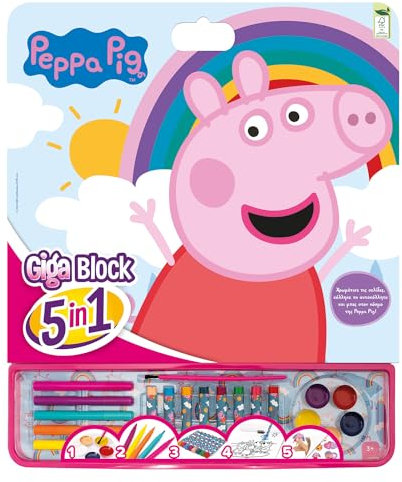 Cefa Toys Giga Block 5-in-1 Peppa Aktivitäten, 25 FSC-Malvorlagen, 8 Wachsmalstifte, 5 Filzstifte, 5 Aquarellfarben und Blatt mit entfernbaren Aufklebern. Geeignet für Kinder ab 3 Jahren.