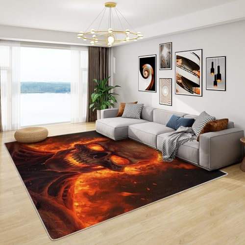 Teppich Mit Horror Motiv - Wohnzimmer Schlafzimmer Skelett, Großer Totenkopf Motiv, Weich Kurzflor & Waschbar & Rutschfest Kinderteppich, Bettvorleger 120x170 cm