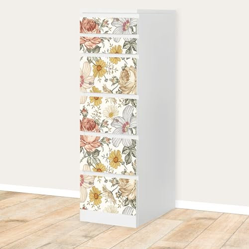 Unik Nordic Aufkleber Set Vintage Blumen für MALM Kommode mit 40 cm Schrankbreite, 6 Schubladen-Folien, Sticker für Schrank, Möbelfolie fürs Kinderzimmer, Schrankfolie für Kinder