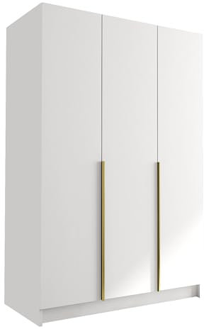 Mirjan24 Kleiderschrank mit Einlegeböden und Kleiderstange Cikzori I, Vielseitiger Drehtürenschrank, Elegantes Kleiderschrank 3-türig (Weiß/Weiß + Gold)