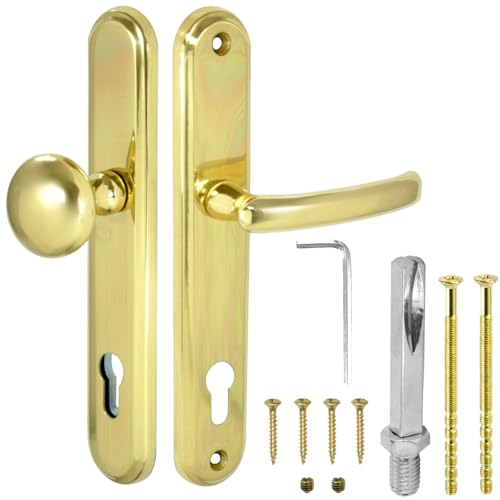 ALSTEN TECH Türklinke mit Türknopf 92 PZ Profilzylinder Universal Messing Poliert Langschild Drückergarnitur Italienische Türbeschläge klarlackiert Verstärkt Türgriff Innenschild 5mm Außentür Innentür