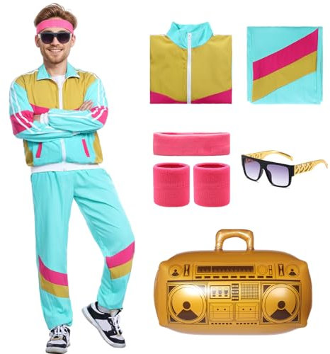 Harsever 80er Jahre Outfit Herren Damen, 80er Retro Jogginganzug, Trainingsanzug Jacke Hose Anzug mit Stirnband Armschienen Brille aufblasbares Radio für Karneval (Blau, M)