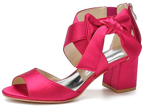 HFWXYSA Sandali da donna con tacco a blocco, tacco grosso, aperti sul davanti, per matrimoni, feste, compleanni, serate, scarpe da sposa, Fucsia, 37 EU