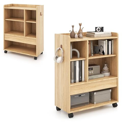 KOMFOTTEU Rollcontainer mit Schublade, Büroschrank mit Haken, Kantenschutz, verstellbaren Regalen und feststellbaren Rollen, Aktenschrank aus Holz, Aufbewahrungsschrank 63,5 x 30 x 84,5 cm (Natur)