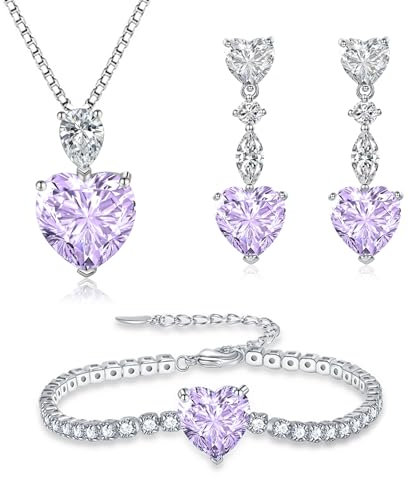 Glintara Schmucksets Silber 925 Damen, 3PC SHerz Halskette Ohrringe Armband Set, Anhänger mit 45cm Kette & Hängeohrringe & Armkette, 925 Sterling Silber Schmuck Set mit Lila Zirkonia mit Geschenkbox