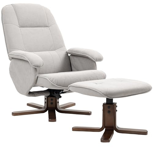 HOMCOM Linen Swivel Recliner Chair with Footstool Upholstered Light Grey | Reclining Armchair, Wooden Base, Living Room