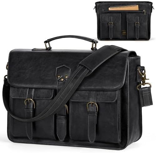 RAINSMORE Cartable Homme Sacoche Ordinateur 15.6 Pouces Sac Bandoulière Sac a Main Imperméable PU Cuir Artificiel Porte Document pour Affaires Collège Noir