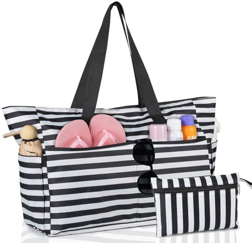 VISPAKZ Strandtasche XXL, Groß Strandtasche mit Reißverschluss Wasserdicht Faltbare, [9 Taschen &1 Separater Beutel] Badetasche XXl Familie Damen für Strand, Reisen, Urlaub, Pool, Picknick