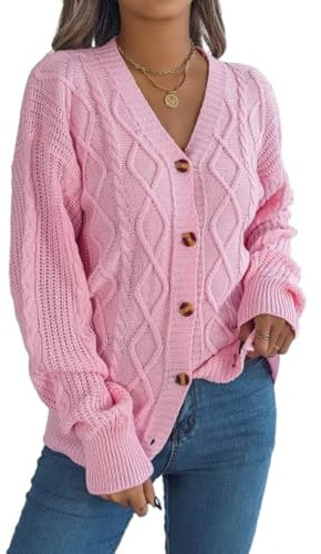 Women's Cable Knit Cardigan, V-Neck Button Down Sweater, Long Sleeve, Pink (UK, Alpha, S, Regular, Regular, Pink)