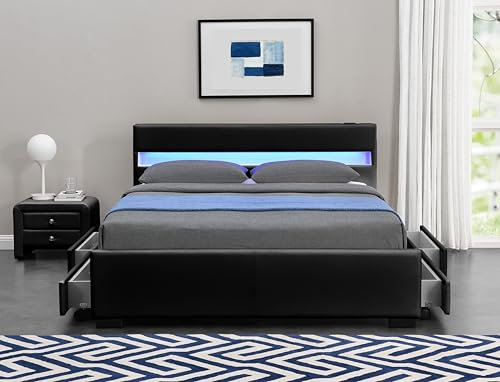 Exclusive Harmin Designer Music Bed, Bluetooth, Speakers, LED Colour Changing Faux Leather Bed Frame with Remote for LEDs (Black, Double 4ft6)