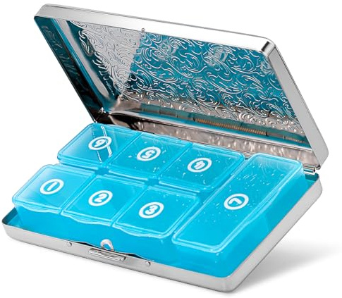 7 Tage Medikamente Box Transparente Tablettenbox BPA-frei Metall Reise Pillenbox (Silber)