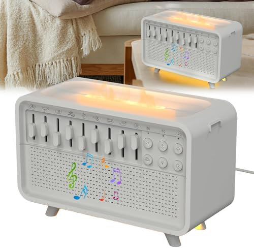 White Noise Night Light Humidifier, White Noise Night Light Humidifier with Sound Machine, with 8 Ambient Sounds & Bluetooth Speaker, Flame Diffuser with Aromatherapy, for Sleeping, Meditation