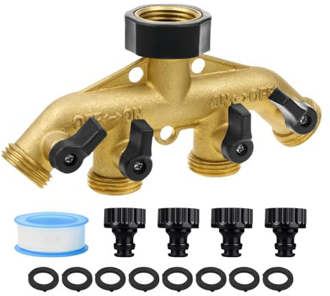 Distributeur 4 Voies, Raccord de Tuyau Laiton avec 4 Sorties Distributeur Débit d'eau Réglable, 3/4 Adaptateur de Robinet Tuyau, pour Extérieur/l'irrigation du Jardin, Robinet 4 Voies 3/4