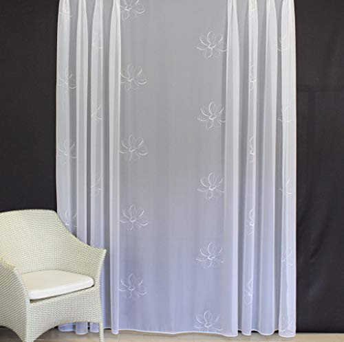 EASYHomefashion Hochwertige Gardine Fertiggardine Voile Store Schal mit Stickerei Faltenband und Bleiband weiß Venezia 140 x 300 cm (HöhexBreite)