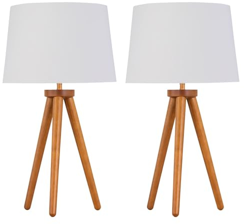 Set of 2 Modern Dark Oak Table Lamp or Bedside Lights, Wood Tripod Design, White Gold Inner Shades