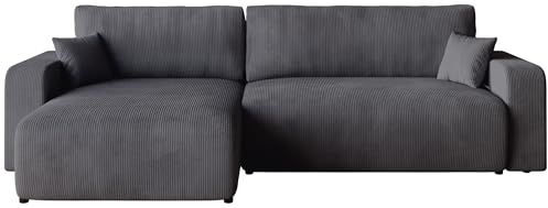 BROMARKT Ecksofa mit Schlaffunktion Kissen und Bettkasten L-Form Grau | Schlafsofa mit Bettkasten 274x148x82cm Sofa Couch Sofabett freistehend Cord 3 sitzer Eckcouch für Wohnzimmer PUMI XL