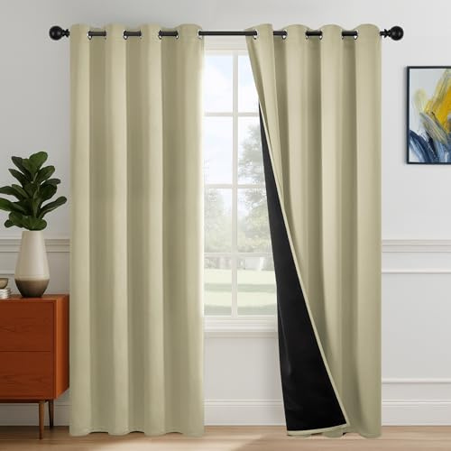 Deconovo 100% Blackout Ösenschal Sichtschutz Thermo Wärmeschutz Hellbeige | 2er Set, H 175 x B 140 cm, Blickdicht, Hitzeschutz, UV-Schutz, Kälteschutz und Verdunkelnd für Schlafzimmer und Büro