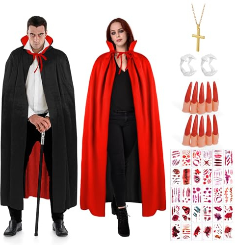 AUYAO Vampirkostüm Damen Herren 35Pcs Vampir Cape Set Schwarz-Rot 150cm | Doppelseitig Umhang Kragen/Künstliche Zähne/Rot Lange Nägel/Kreuzkette/Narbenaufkleber Halloween Kostüm Erwachsene Cosplay