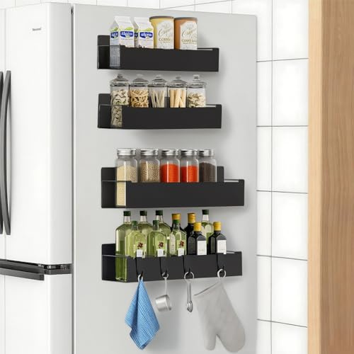 devesanter Magnetic Spice Rack for Refrigerator,4 Pack Magnetic Shelf,Fridge Magnet Organizer with Moveable 4 Hooks,Magnet Fridge Shelf for Refrigerator,Microwave,Washing Machine,black