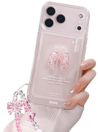 Reownest Kompatibel mit iPhone 17 Pro Hülle Cute 3D Rosa Schleife Transparent Aesthetic Süßes Design Handyhülle Frauen Mädchen Teen Girls Kamera Objektiv Schutzhülle + Glitter Bow Crystal Kette