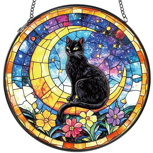 Black Cat Stained Glass Suncatcher, 8 Inch | Stained glass window hanging for indoor decor, Gift for family, friends, faith or nature lovers