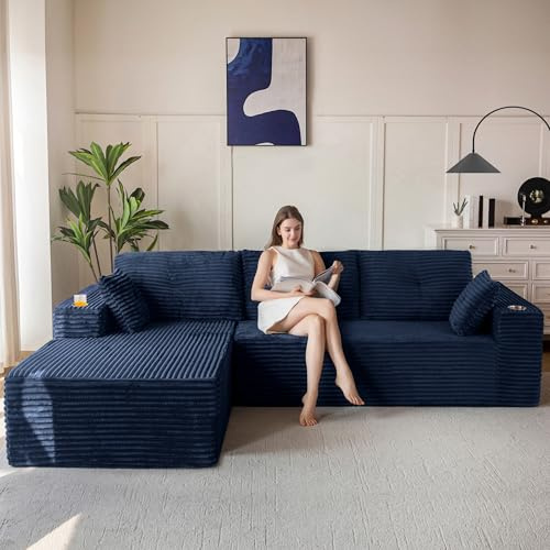 MAXYOYO Modular Sectional Sofa, Modern Boneless Couch 3-4 Seater Corner Sofa Left/Right Hand Facing Corduroy, Oversized Sofa L Shaped Sofa Bed for Living Room Bedroom, No Assembly Required, Dark Blue