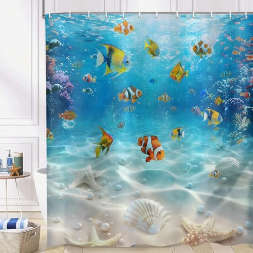 ASDCXZ Ozean Duschvorhang 180x200 cm, Sommer Unterwasserwelt Bunt Fisch Coral Seestern Muschel Perle Küste Wasserdicht Badvorhang Polyester Textil Waschbar Duschvorhänge für Badewanne mit 12 Haken