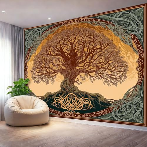 Große Vlies-Fototapete 350 x 256 cm, Wikinger Baum Des Lebens, 3D-Wanddeko für Hauptschlafzimmer und Wohnzimmer, Braun